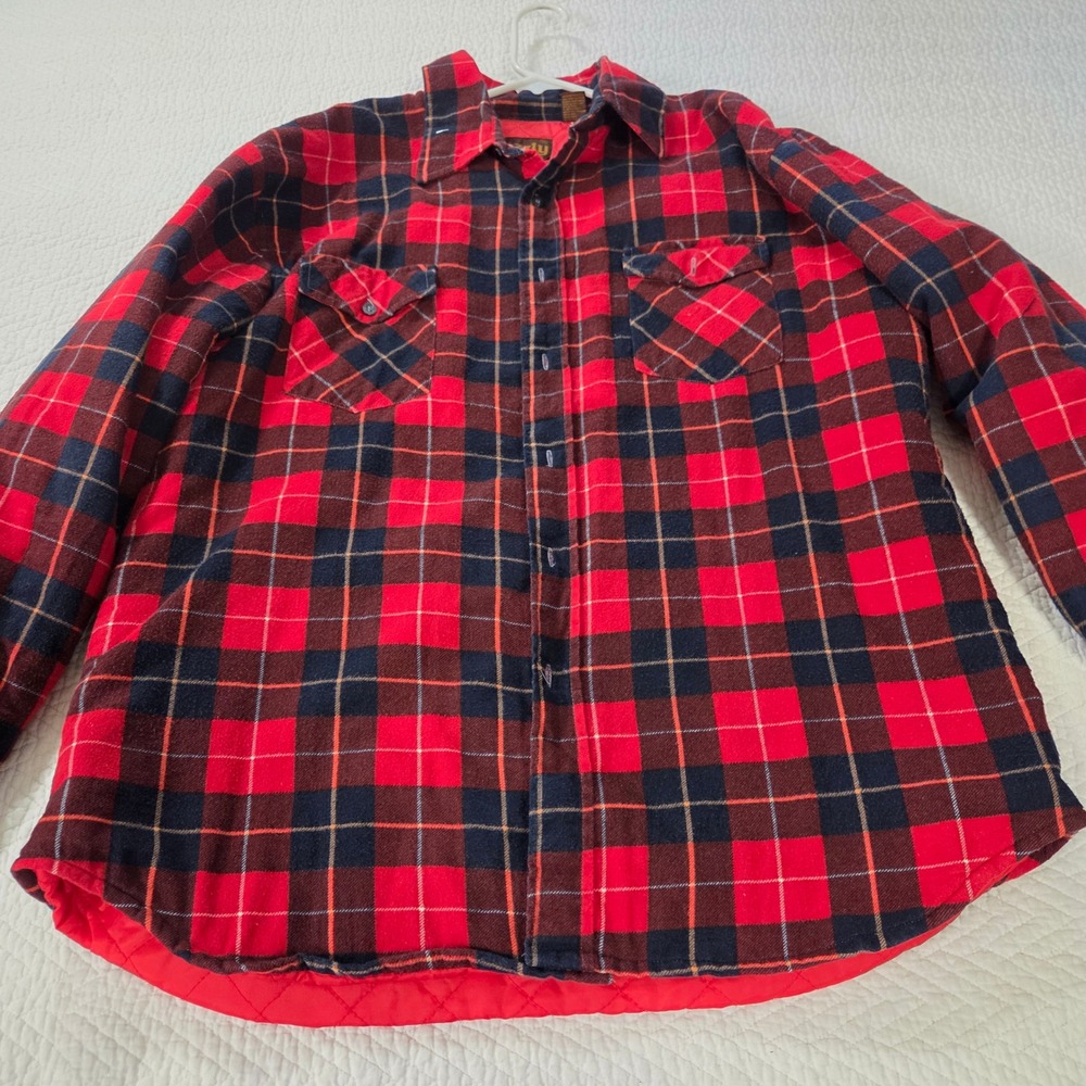 Grizzly Mens XL Quilted Flannel Shirt Jacket Red Black Plaid Cotton Shacket
